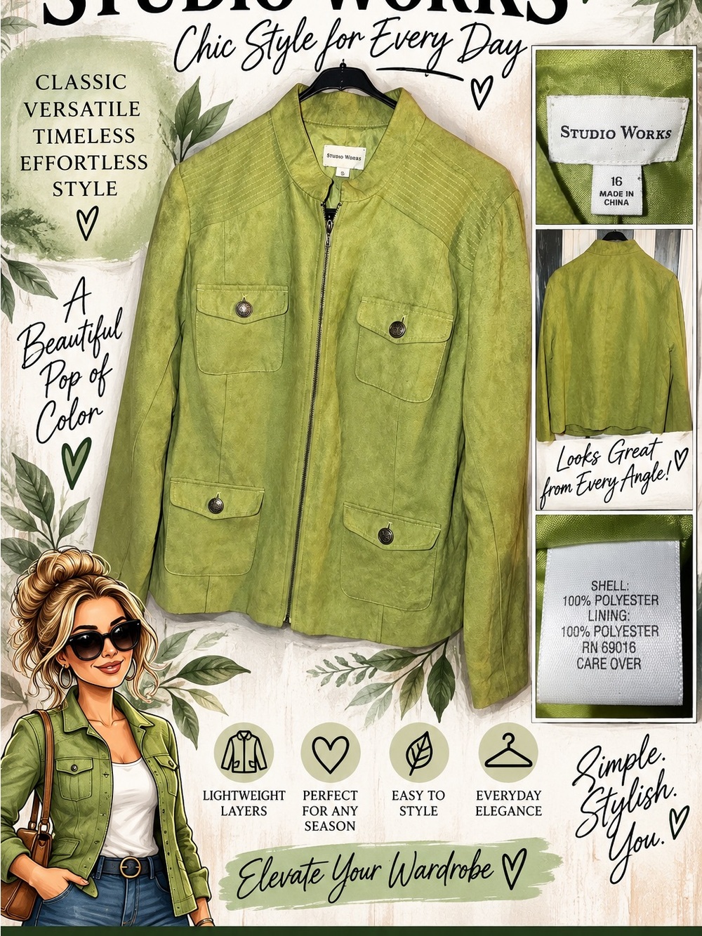 Studio Works Green Suede Look Utility Jacket Size 16 Zip Front 4 Pocket